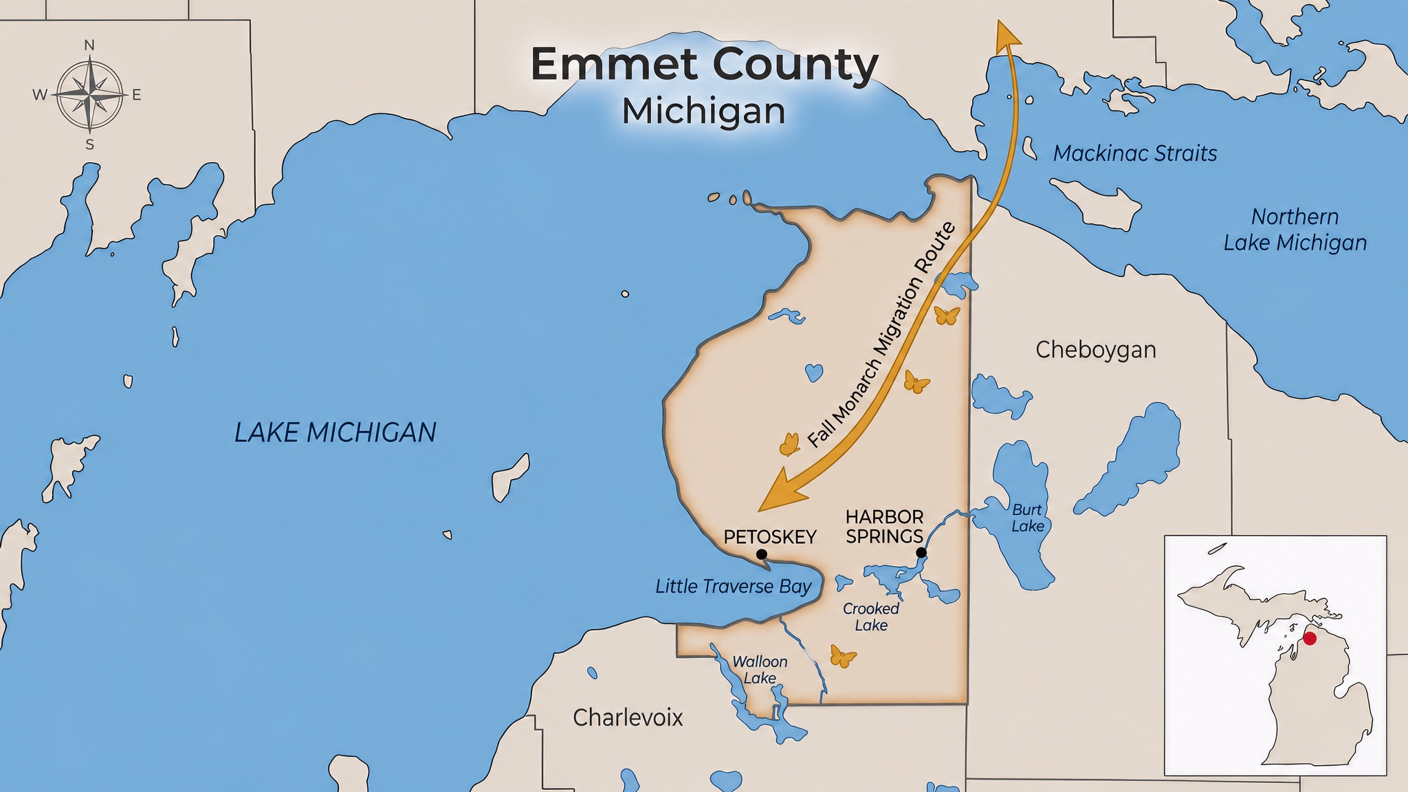 Map of Emmet County, Michigan showing the fall monarch migration route through Little Traverse Bay, Petoskey, and Harbor Springs