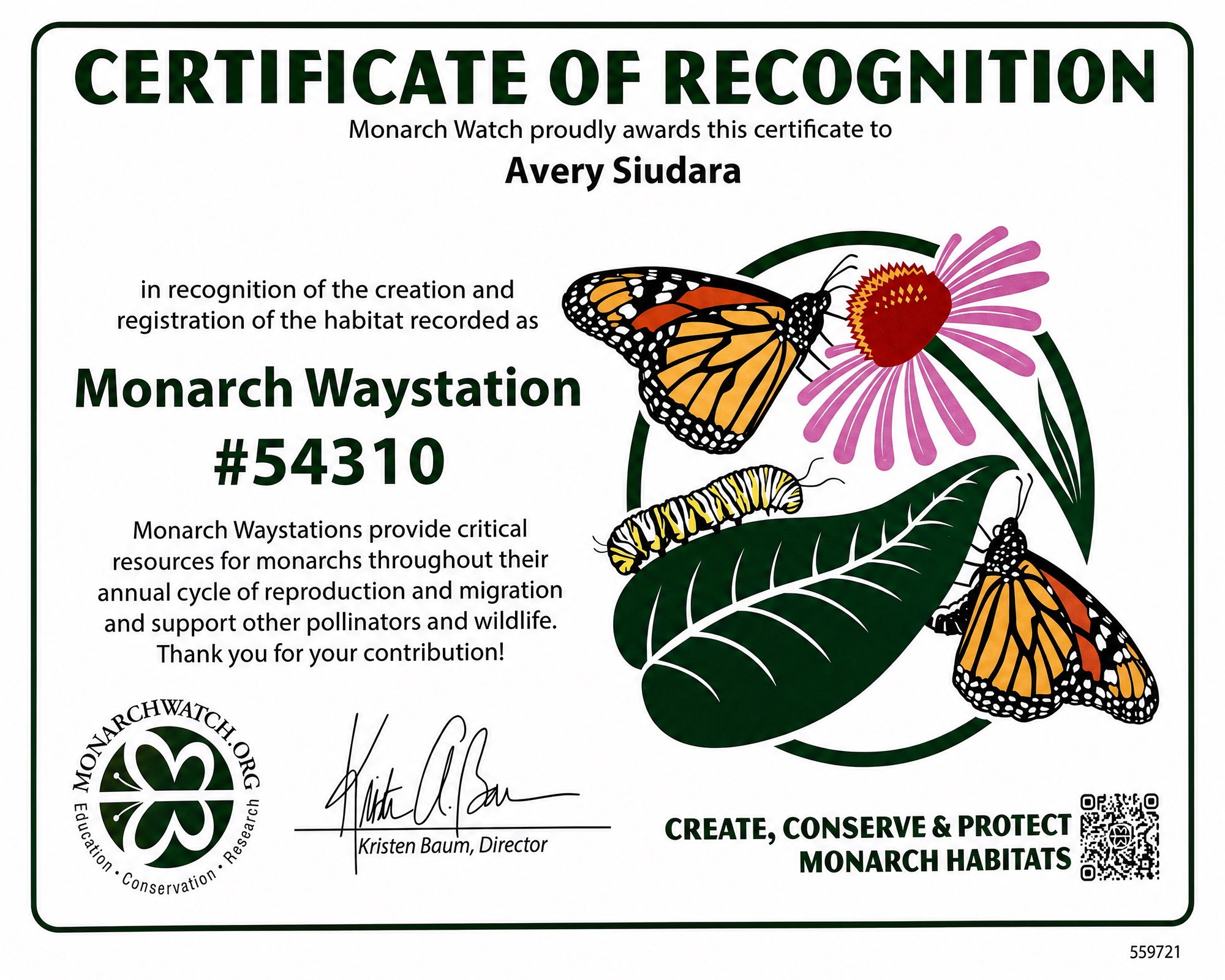 Northern Wings Monarch Watch Certificate of Recognition, Monarch Waystation #54310