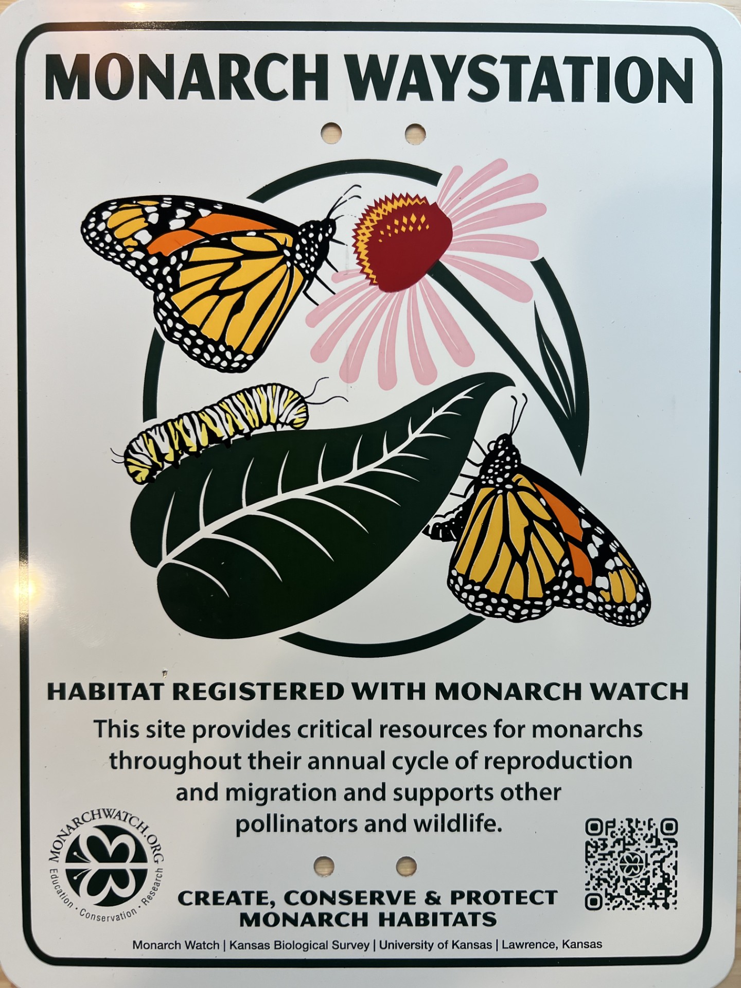 Photo of the Monarch Waystation sign installed at Northern Wings, registered with Monarch Watch